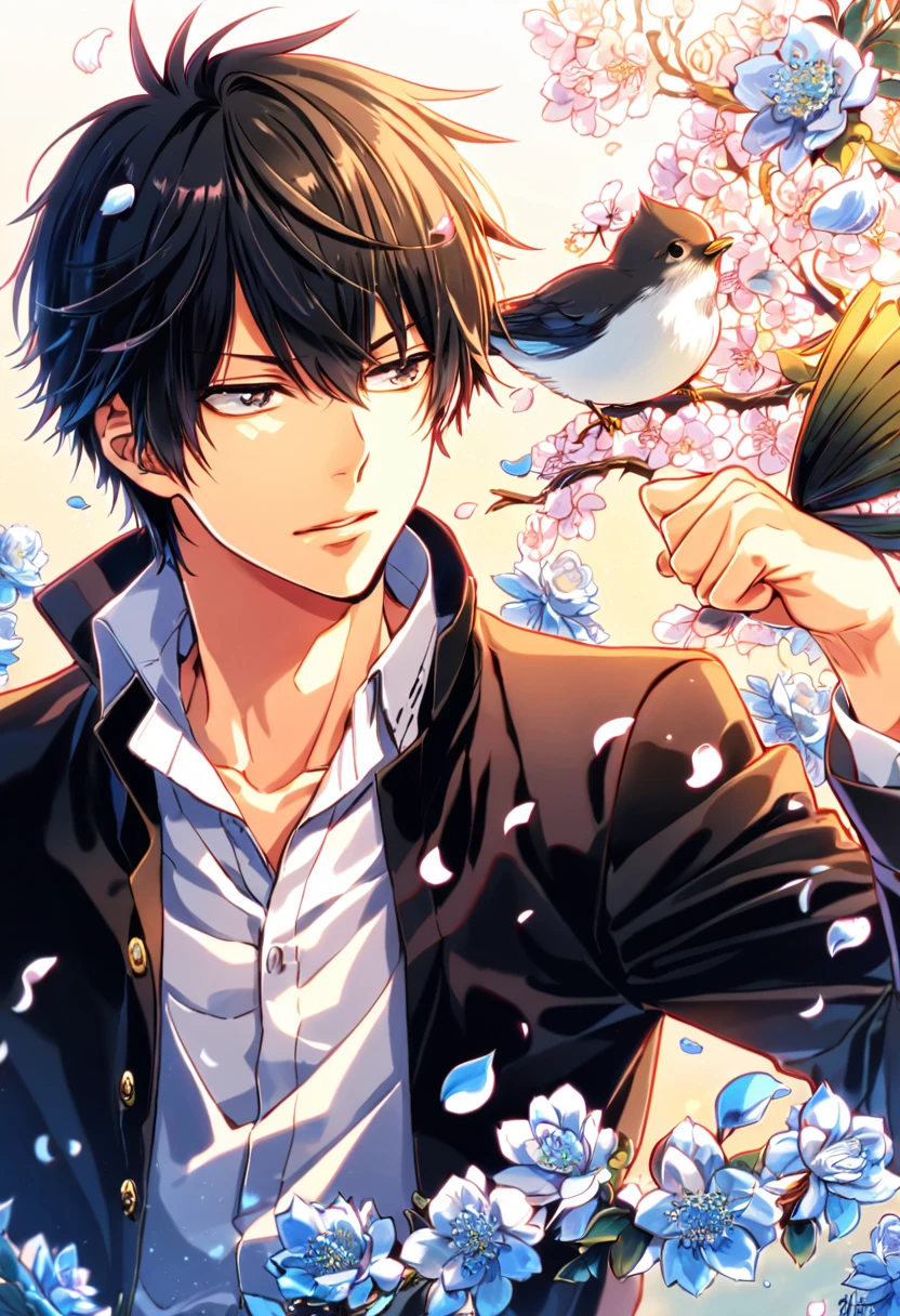 absurdres, highres, ultra detailed, HDR, masterpiece, Hibari Kyoya, black hair, expressive gray eyes, Katekyo Hitman Reborn!, black jacket, white shirt, designed with decorations such as blue leaves, blossoms and birds, 1man, handsome, petals