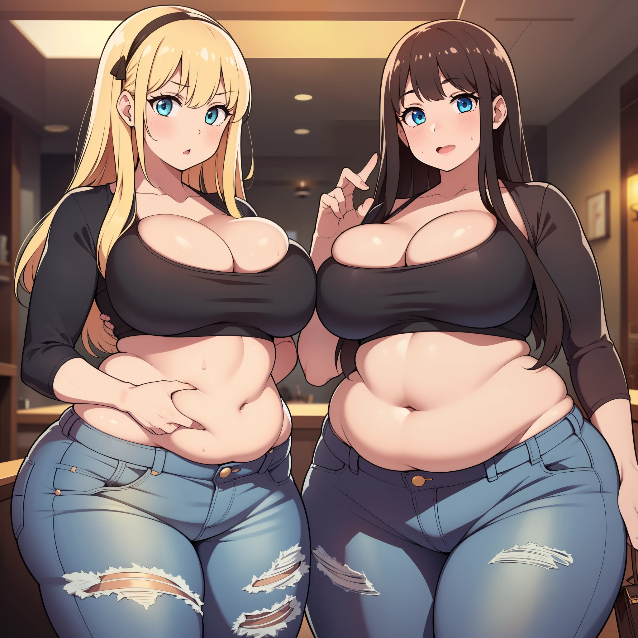 ((highres)), Masterpiece, high quality, best quality, beautiful, perfect lighting, detailed face, ultra cute face, ((blush)), embarrassed, (((2girls))), one girl has blonde hair, blue eyes, crop top and shorts, skindentation, one girl has brown hair, green eyes, jeans, white shirt, tight clothes, full body, fast food restaurant, medium breasts, ((wide hips)), ((thick thighs)), ((plump)), cleavage, chubby belly, fat folds, belly hang, standing, touching each other, breast bump,