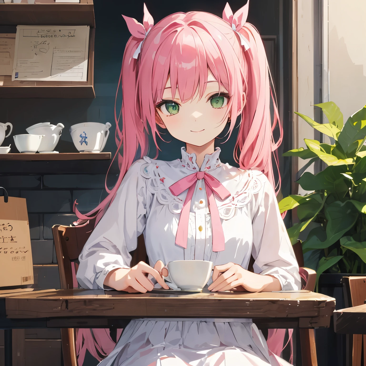 With a girl,Jewel Eyes,Beautiful arrangements and motifs、Slight、Game character design、Written boundary depth , wonderful, beauty、Transparency、Game character design、(One Girl:1.0)、Pink Hair、Twin tails、Straight Hair、cute、Upper Body、Green Eyes、Inside the cafe、Cafe Background、Sit on a chair、Mass-produced fashion,White and pink attire、front、smile、Pink ribbon