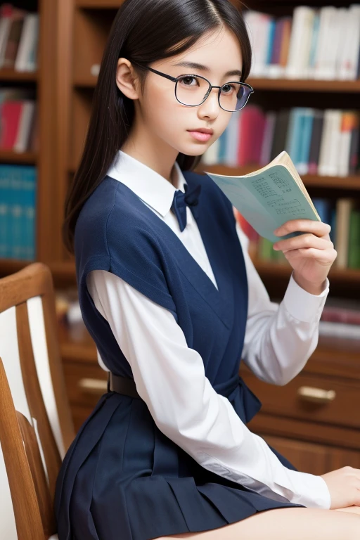 (8k, RAW Photos, Realistic: 1.25), masterpiece, highest quality, Ultra HD, Very beautiful and elegant Japanese woman, , i always wear glasses, Beautiful black hair, Beautiful Skin, Detailed and beautiful eyes, Slim body, Realisticで詳細な日本の高校の制服, Navy Pleated Skirt,Realistic and detailed school library, Reading a book in the library, Random Pause, Perfect Anatomy
