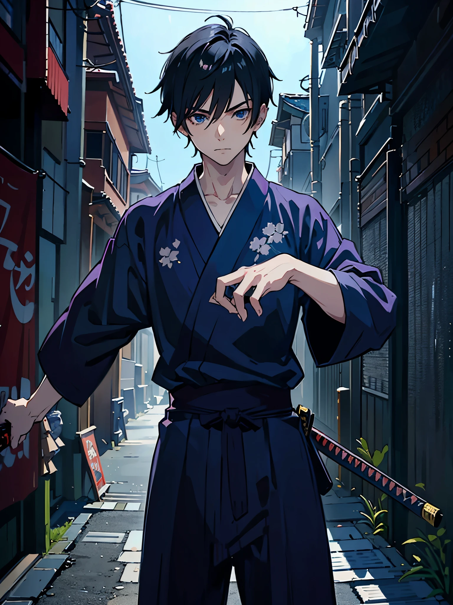 Black hair. Undercut hair. Anime boy. Blue eyes. Yukata. Katana. 2katana.