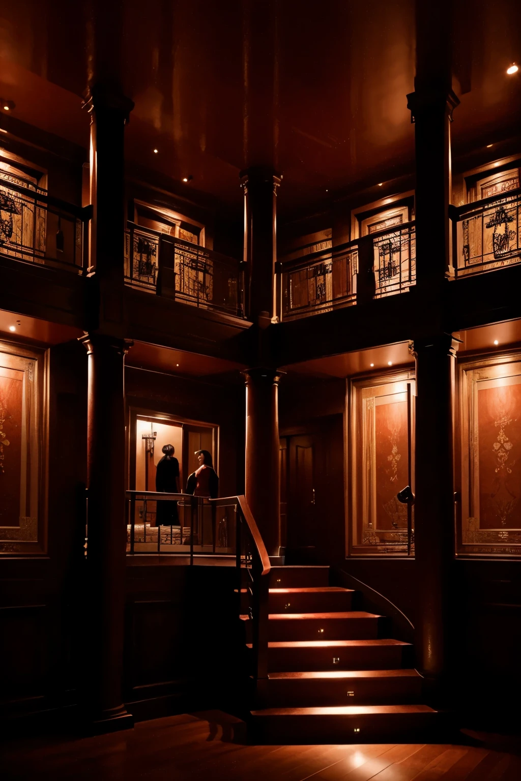 A huge expensive luxury brothel with a high ceiling, large beds with red silk bedding, a staircase, an atrium, a sex swing, erotic art, and mood lighting.