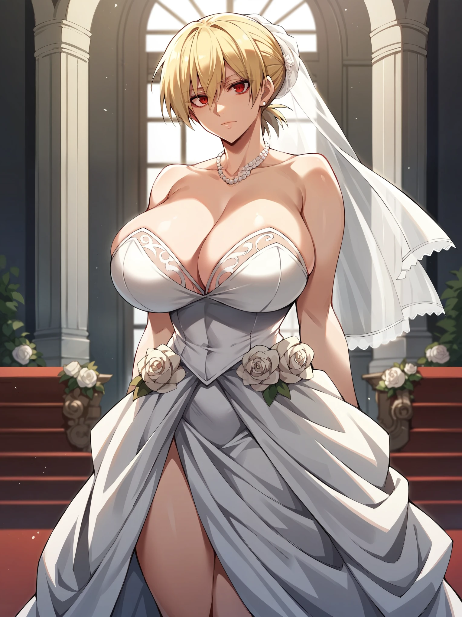 score_9, score_8_up, score_7_up, 1girl, looking at viewer, wedding gown, standing wedding, indoors, hellsing, blonde, red eyes, huge breasts, rating:safe, sfw