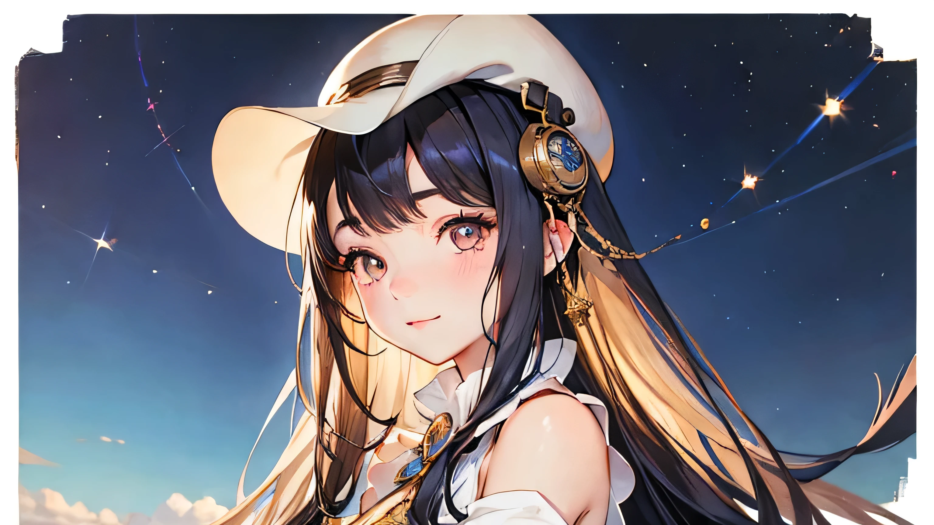 highest quality、masterpiece、Ultra-high resolution、(Realistic:1.4)、1 girl、、The ultimate beautiful girl、so beautiful, Shiny, Light、Super long straight silky hair、Bangs that cover the eyes、片Bangs that cover the eyes、Very large bright eyes、Eye highLights、shoulder、charm、Looking at the camera、very white and bright skin、Small Face Beauty、Round face、Shy but cheerful expression、look up、Cheek gloss highLight、steampunk outfit、Steampunk background、