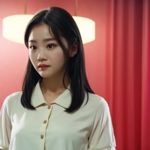 arafed woman with long black hair and a white shirt, she has a distant expression, iu lee ji-eun as a super villain, but a stern look about her, she has a cute expressive face, young wan angel, girl next door innocent look, high drama, sideways glance, kwak ji young, movie screencap, handsome girl, innocent look, brilliant, 1girl, solo