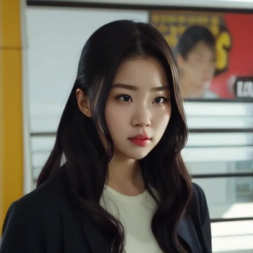 arafed woman with long black hair and a white shirt, she has a distant expression, iu lee ji-eun as a super villain, but a stern look about her, she has a cute expressive face, young wan angel, girl next door innocent look, high drama, sideways glance, kwak ji young, movie screencap, handsome girl, innocent look, brilliant, 1girl, solo