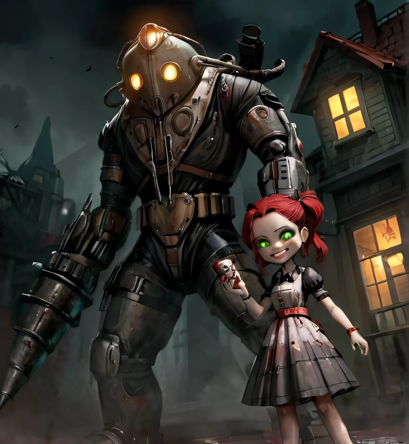 Little sister and big daddy,masterpice, bioshockstyle, 8k, ultra detailed, soft lighting, pmmkr2024, cartoon, creature, best quality, trending on artstation,1little sister smile,1big daddy,1big sister,nice art,perfect art,nice detailed art,nice detailed body,nice detailed face,nice detailed hands,highres, an image of a beautiful cyberpunk, fairy goth robot, green eyes, red wine hair best quality, 8k, best quality, ultra-detailed,1girl, , ,lilsis, dirty, blood, blood muddy dress, black hair, dress, horror \(theme\), solo, glowing eyes, creepycute, (house:1.4)