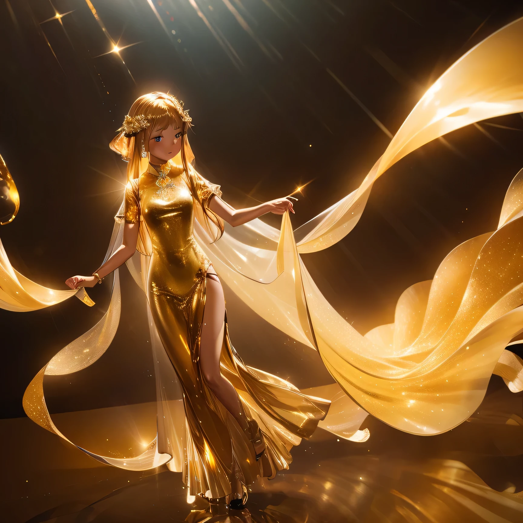 Girls in gold translucent dresses, guru－Pselphy－, Full Body Shot