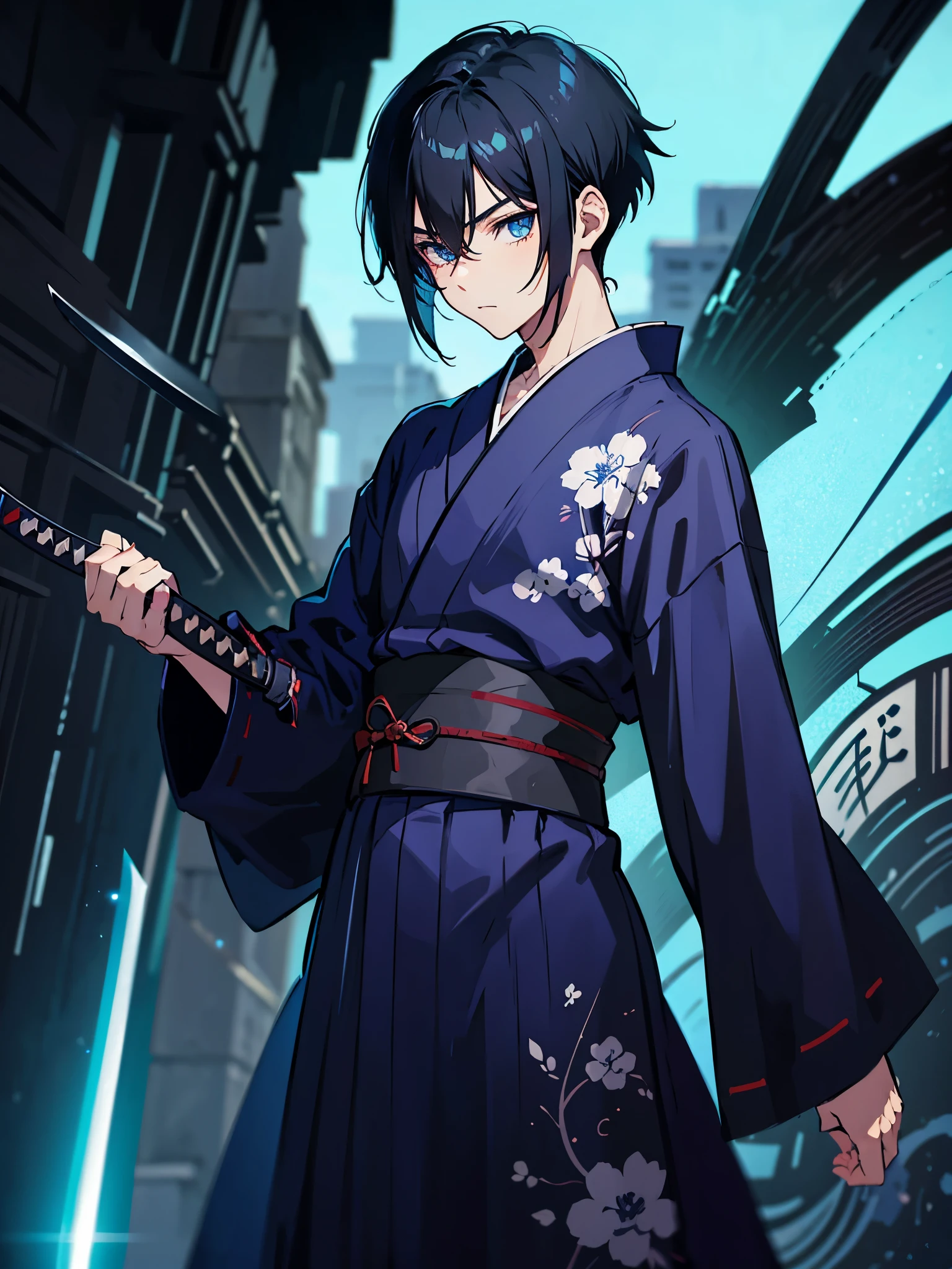 Black hair. Undercut hair. Anime boy. Blue eyes. Yukata. Katana. 2katana.