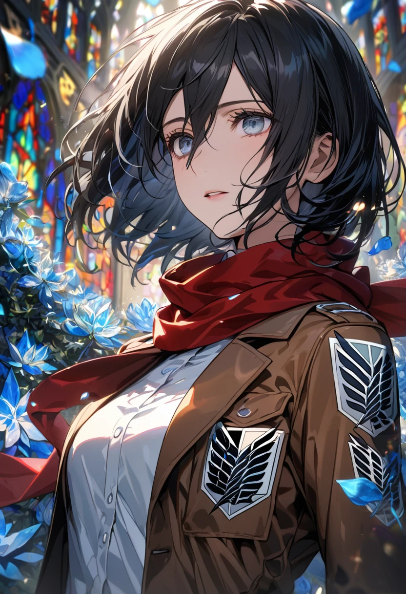 Ultra detailed, HDR, Highres, absurdres, master piece, Mikasa Ackerman, black hair, expressive silver eyes, Shingeki No Kyojin, red scarf, white shirt, brown jacket, patterns, blue stained glass, blue ice, petals, blue ice flowers, woman, solo, extremely detailed face and eyes, extremely beautiful, glittering, blue glass, extremely pretty,