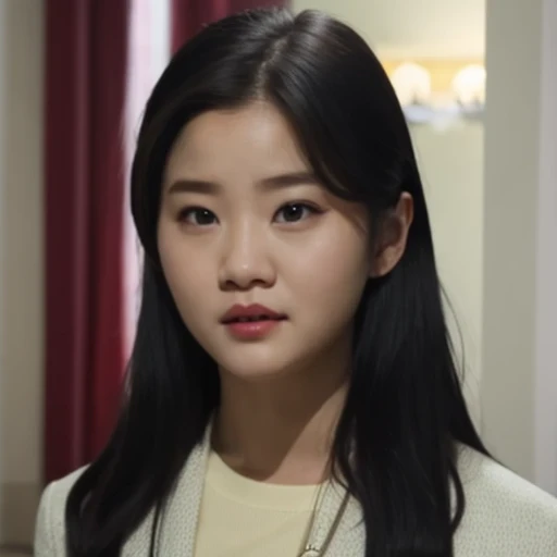 arafed woman with long black hair and a white shirt, she has a distant expression, iu lee ji-eun as a super villain, but a stern look about her, she has a cute expressive face, young wan angel, girl next door innocent look, high drama, sideways glance, kwak ji young, movie screencap, handsome girl, innocent look, brilliant, 1girl, solo