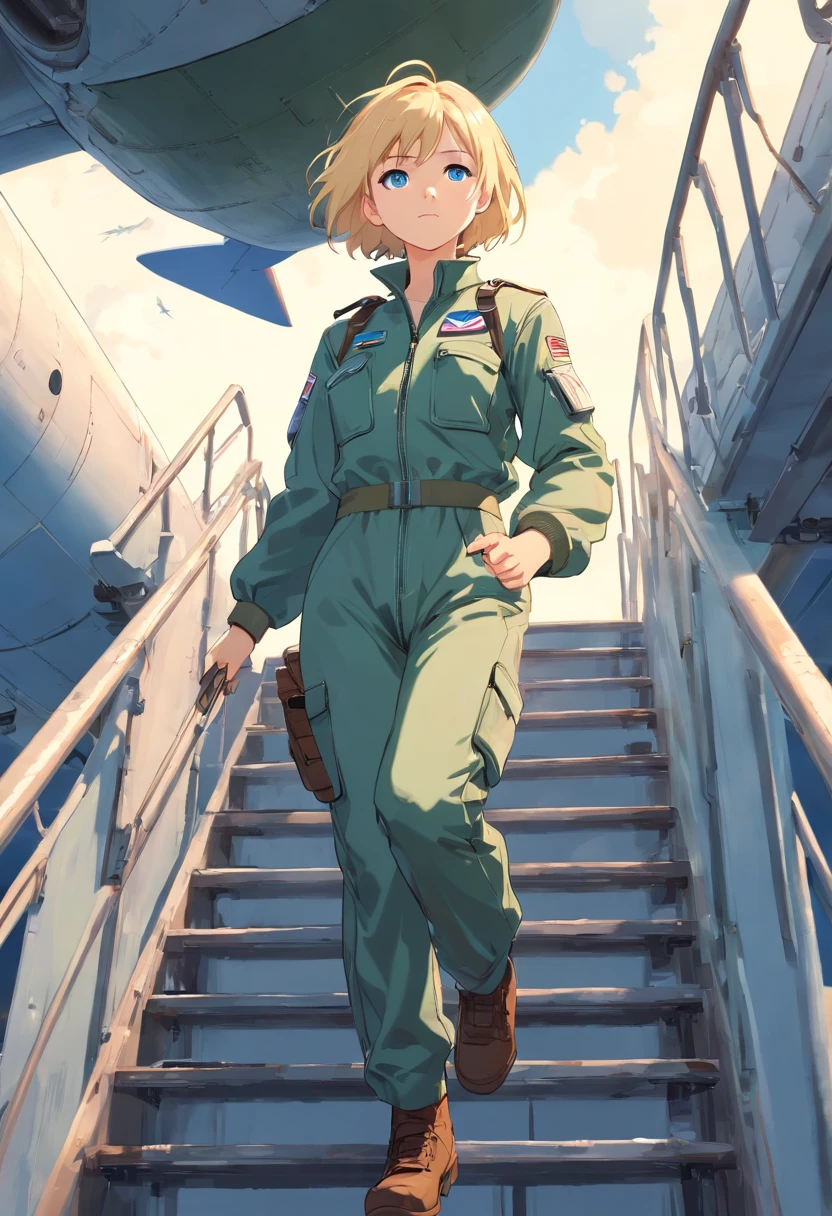 Women, ((Blonde)), ((Blue eyes)), ((Short hair)), ((Full Body)), wearing a flight suit and climbing the stairs to the cockpit of a World War II fighter plane, long shot