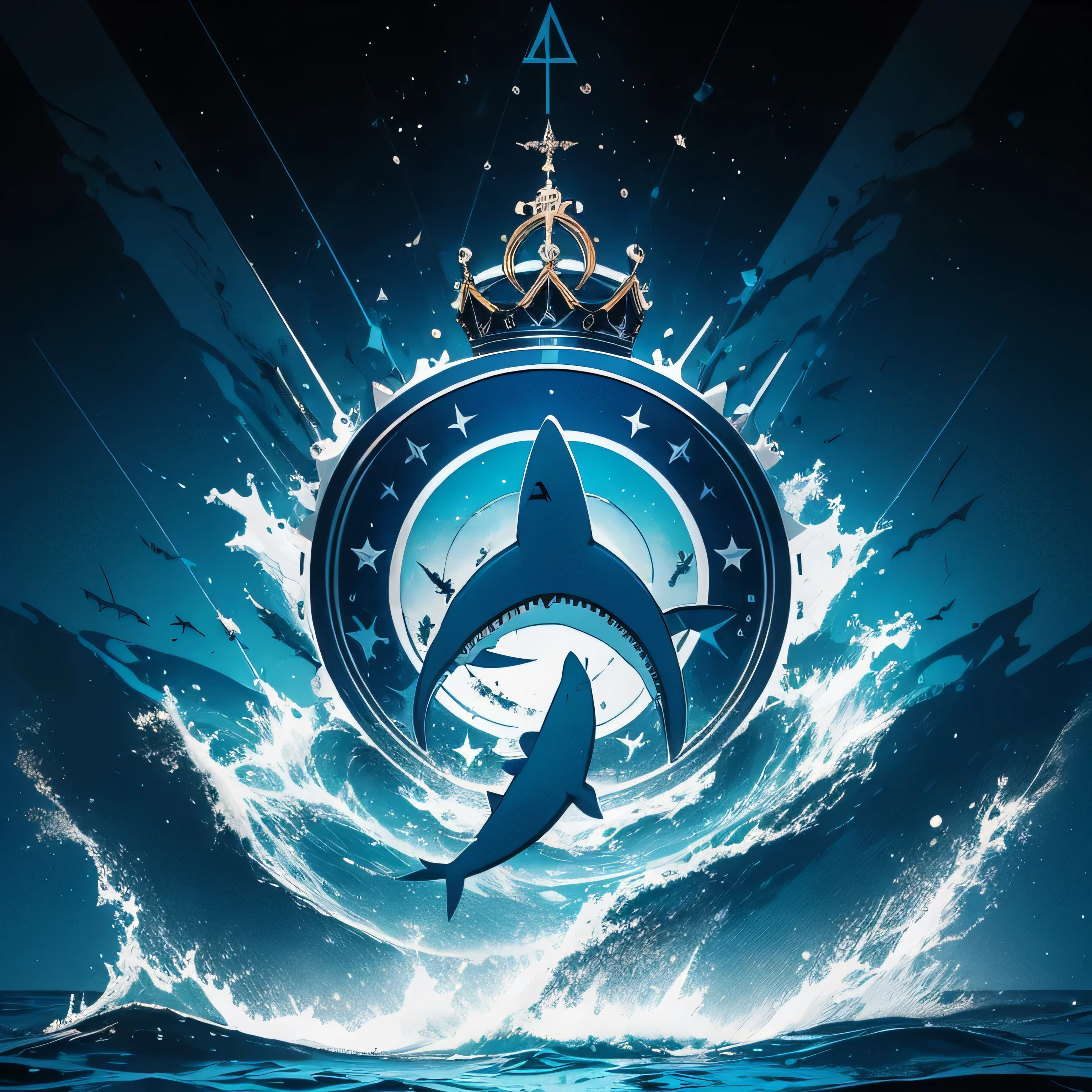 logo big Crown, fundo azul marinho. a circle with three shark around it and a bayonet in the center, blue color