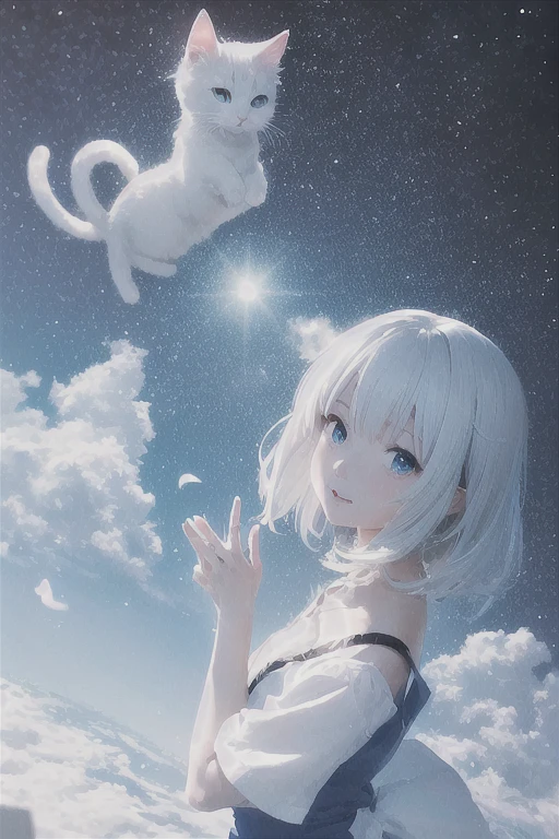 Anime girl with white hair and blue eyes flying in the sky, White cat lady, Gweitz, Very Beautiful Anime Cat Girl, artwork in the style of Gweitz, Gweitz on pixiv artstation, Gweitz on artstation pixiv, Beautiful anime cat girl, Trending on cgstation, anime wallpaper 4k, anime wallpaper 4k