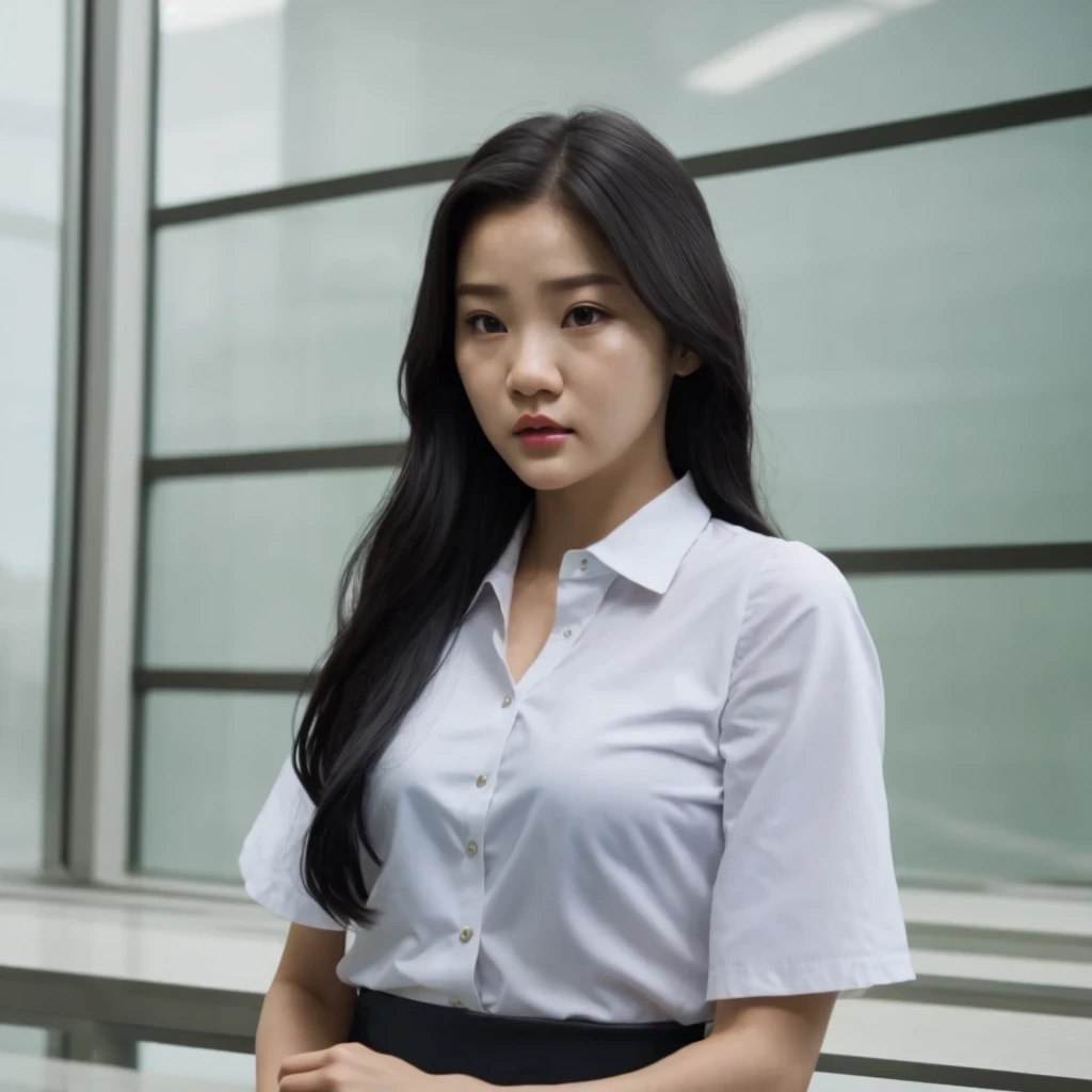 arafed woman with long black hair and a white shirt, she has a distant expression, iu lee ji-eun as a super villain, but a stern look about her, she has a cute expressive face, young wan angel, girl next door innocent look, high drama, sideways glance, kwak ji young, movie screencap, handsome girl, innocent look, brilliant, 1girl, solo