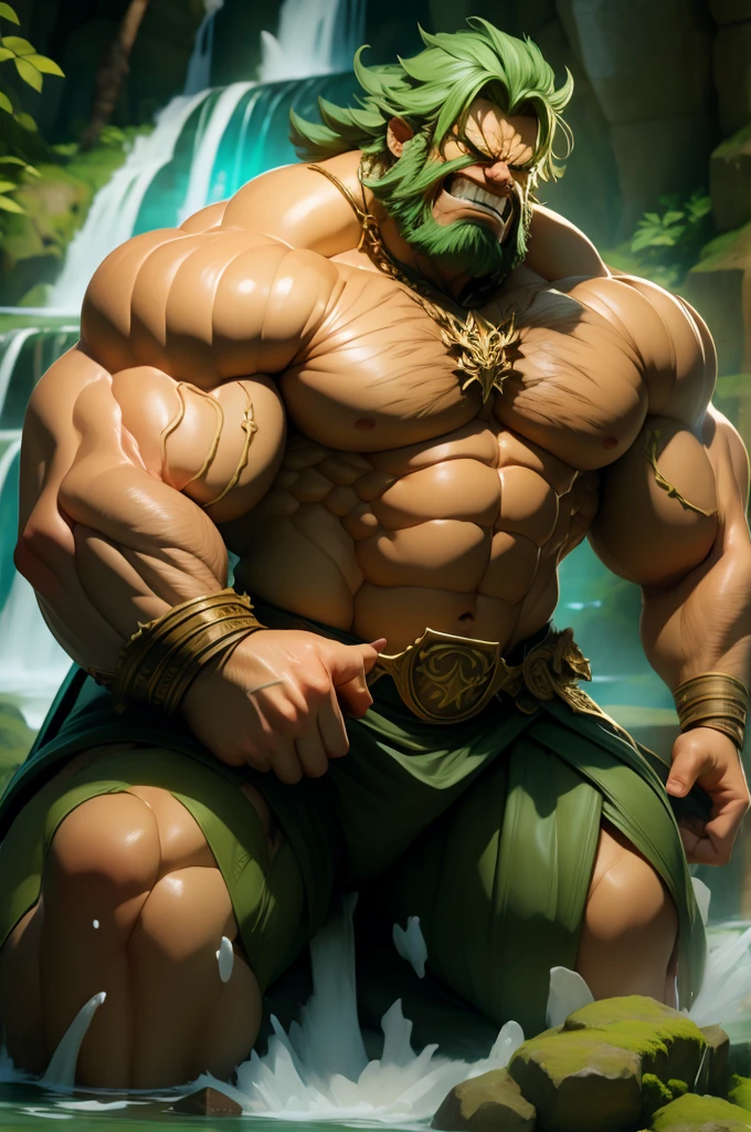 Hulk, muscular,, mad, throne,at waterfall