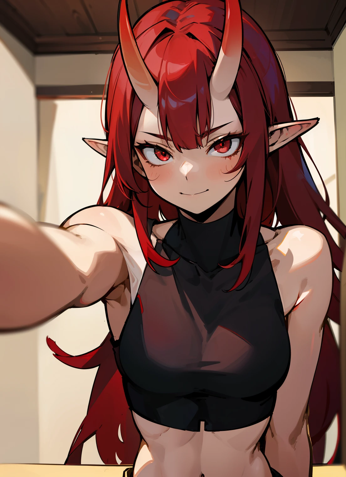 1oni woman,mature female,solo,In love expression,meduum breasts,red hair,long hair,elves ears,oni horns,red eyes, embarased smile,closed mouth,red cropped top, cropped top, in your room, Bringing his face closer to the camera, red eyes, interesting perspective, golden proportion, aurea proportion