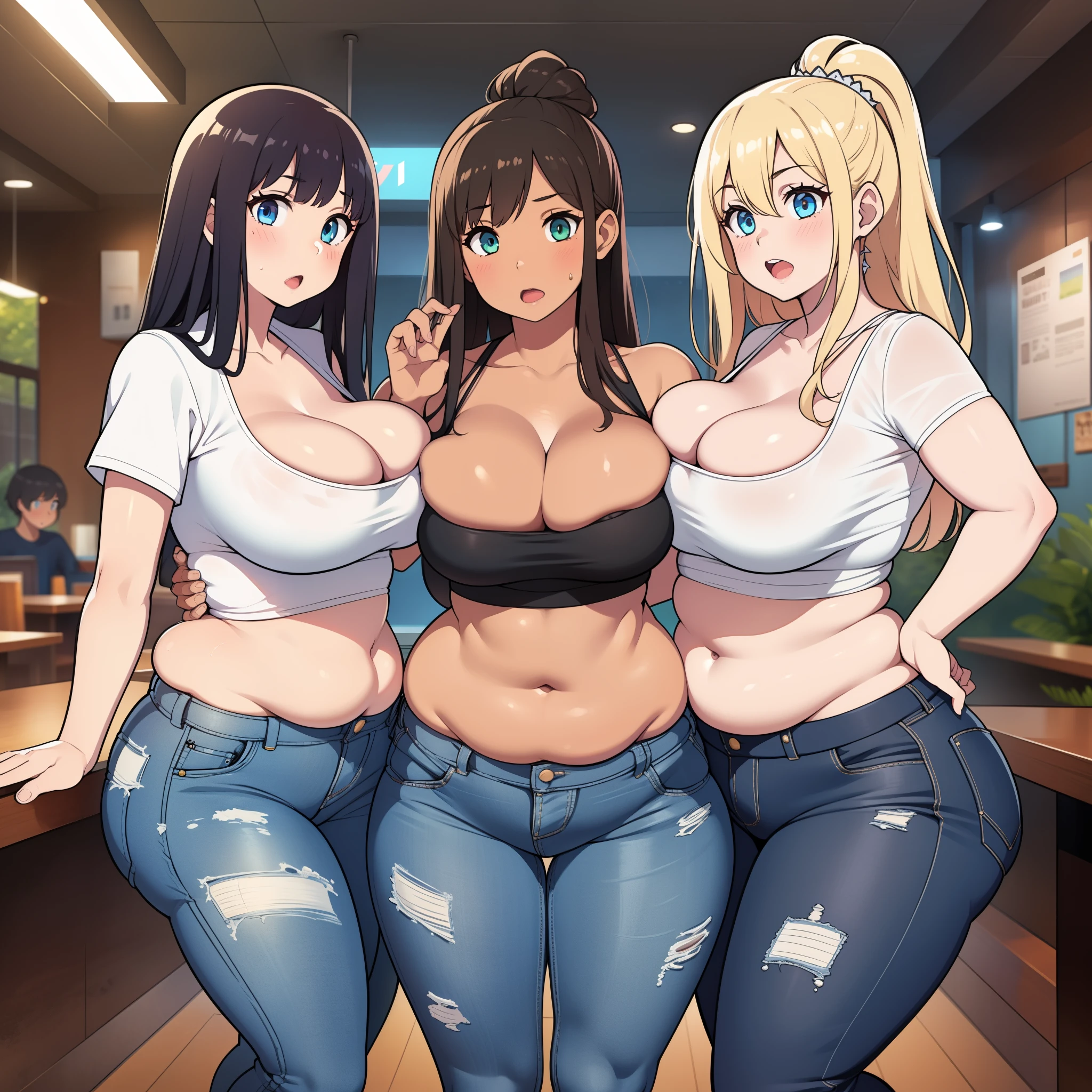 ((highres)), Masterpiece, high quality, best quality, beautiful, perfect lighting, detailed face, ultra cute face, ((blush)), embarrassed, (((2girls))), one girl has blonde hair, blue eyes, crop top and shorts, skindentation, one girl has brown hair, green eyes, jeans, white shirt, tight clothes, full body, fast food restaurant, medium breasts, ((wide hips)), ((thick thighs)), ((plump)), cleavage, chubby belly, fat folds, belly hang, standing, touching each other, breast bump,