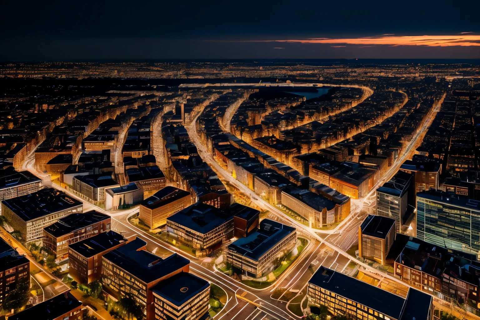 night,Golden Hour,Light and Shadow,Square geometric shapes,City Streets,(Big scene;1.5)Big scene,Top view,Cool and warm tones,Less sky,Award-winning works