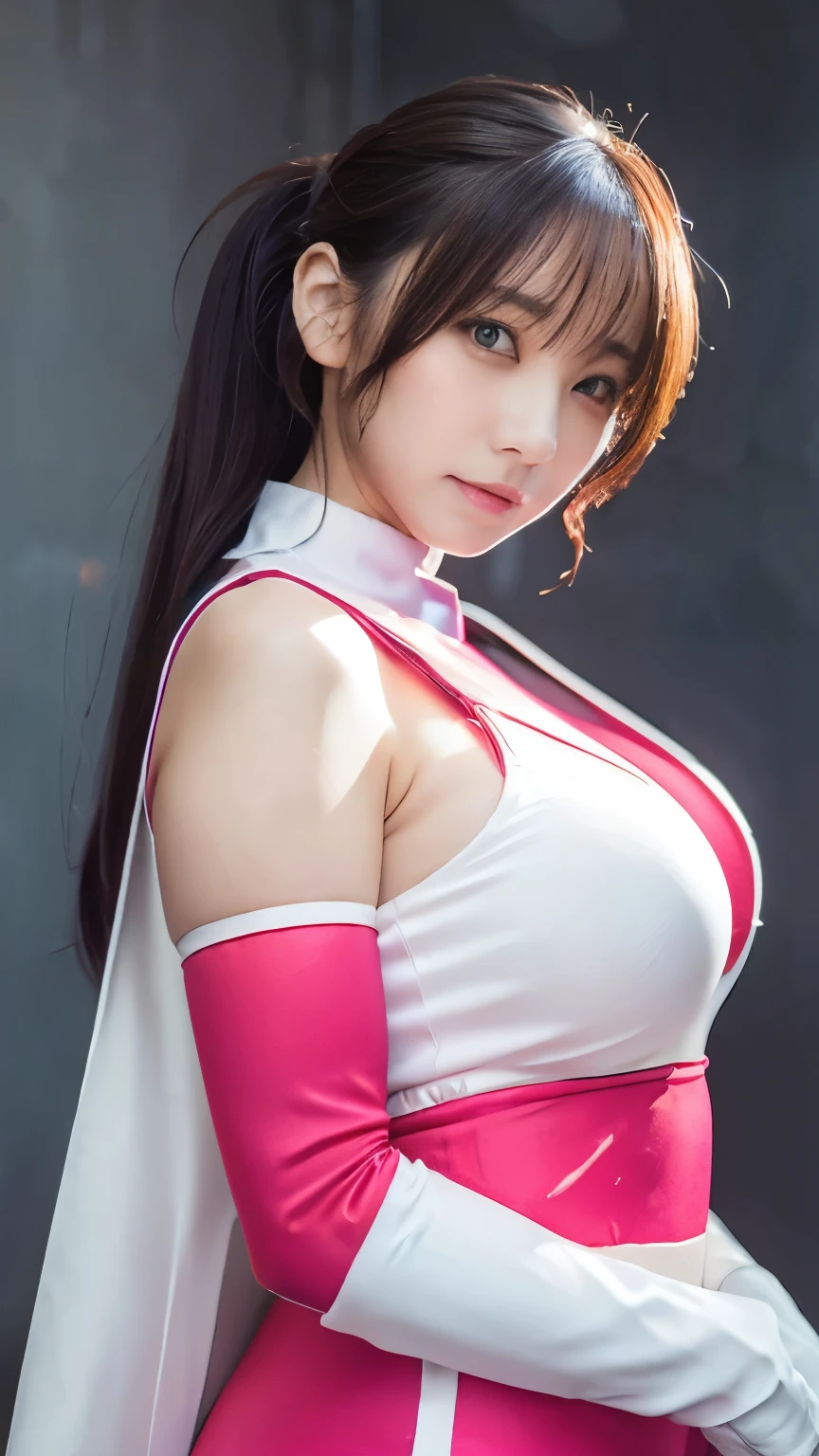 (highest quality、8k、32k、masterpiece、Ultra-high resolution:1.2、Perfect body beauty:1.5、Wearing a shiny pale pink and white hero protector:1.8、Cute 25 year old Japan woman、Big and ample breasts:1.5、ponytail、Upper Body、front、Dynamic pose:1.5、nswf:1.5