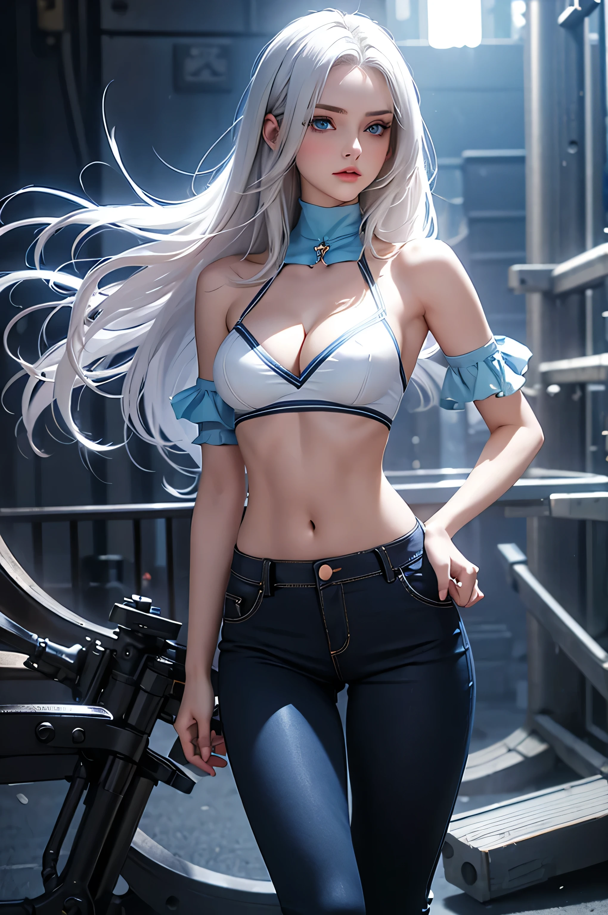 russian beautiful girl in blue and white full top and small cleavage line, medium breast, beautiful blue eyes, puffy breast, medium , full black bell bottom pant, bellbottom, high waist, Elastic Flared Bootcut Pants, High Waist Bell Bottom Trouser
