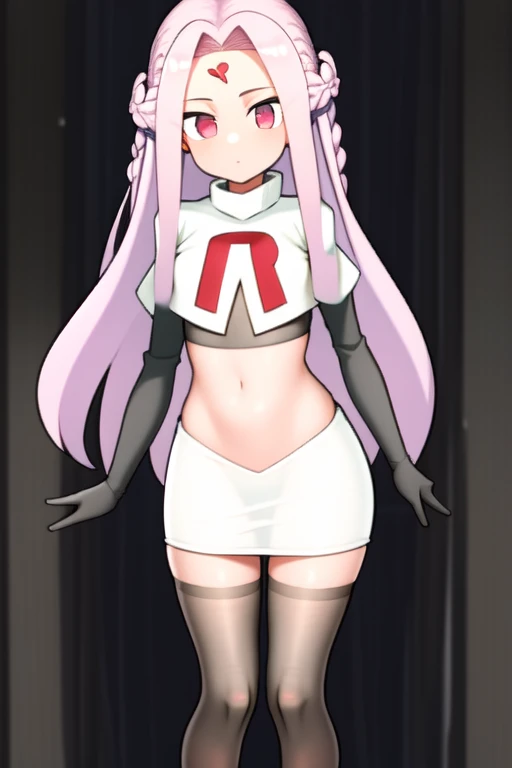 masterpiece, (best quality:1.3), sharp focus, absurdres, ++ 1girl, solo, fantasy, light purple hair, very long hair, curly hair, french braid, single sidelock, forehead, red eyes, pink eyes, multicolored eyes, , flat chest, , dollgirl, doll joints, ++ pov, looking at viewer, team rocket,team rocket uniform,white skirt,red letter R,crop top,black thigh-highs,black elbow gloves