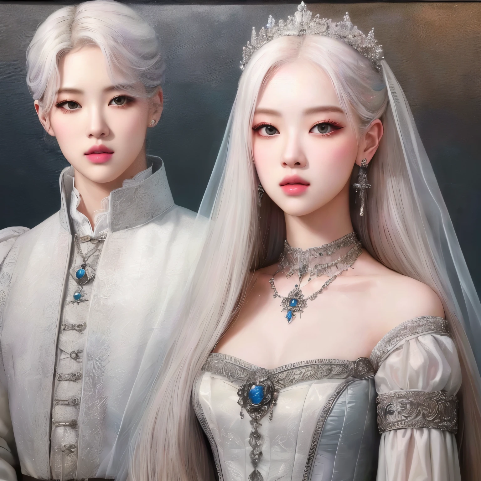 there are two people dressed in historical clothing and tiables, obra de arte al estilo de guweiz, 8k)), Prince & Princess, & Jeehyung Lee & Oh!, pale, snow-white skin, 4k high definition. pelo blanco como la nieve, Arte detallado de alta calidad 8k, style of Oh!, fantastic art style, loish and Oh! Estilo Juego de Tronos, maquillaje popular de Corea del Sur, jossi de Blackpink, park rosseane of blackpink 