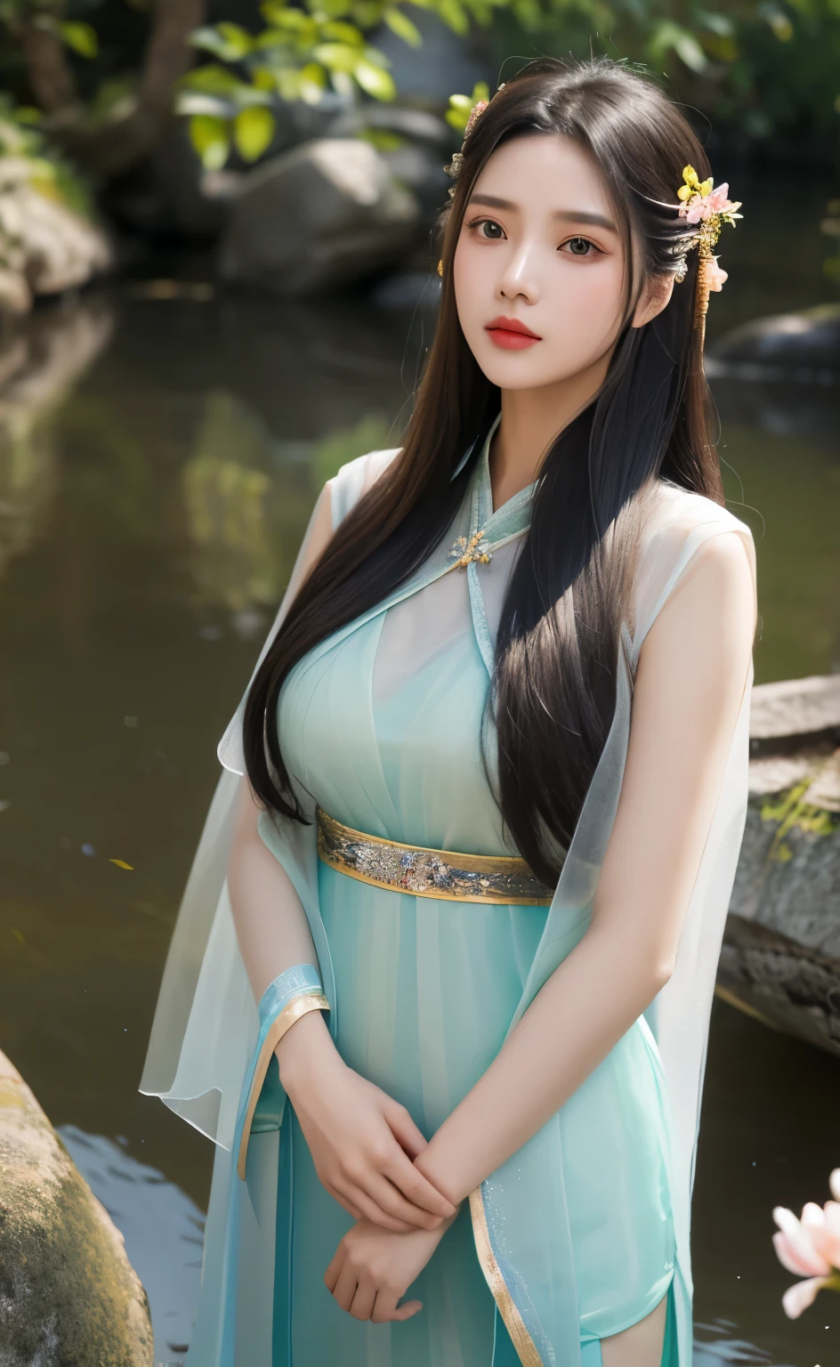 A girl in an upper body pose, masterpiece, Vietnamese girl, highest quality, (realistic:1.4), high resolution, long hair, jeweled hair clip, enhanced breasts, riverside rocks or temples or bridges, Hanfu, Hanfu, transparent, risque see-through open chest outfit, falling petals, transparent veil, traditional Vietnamese costume.