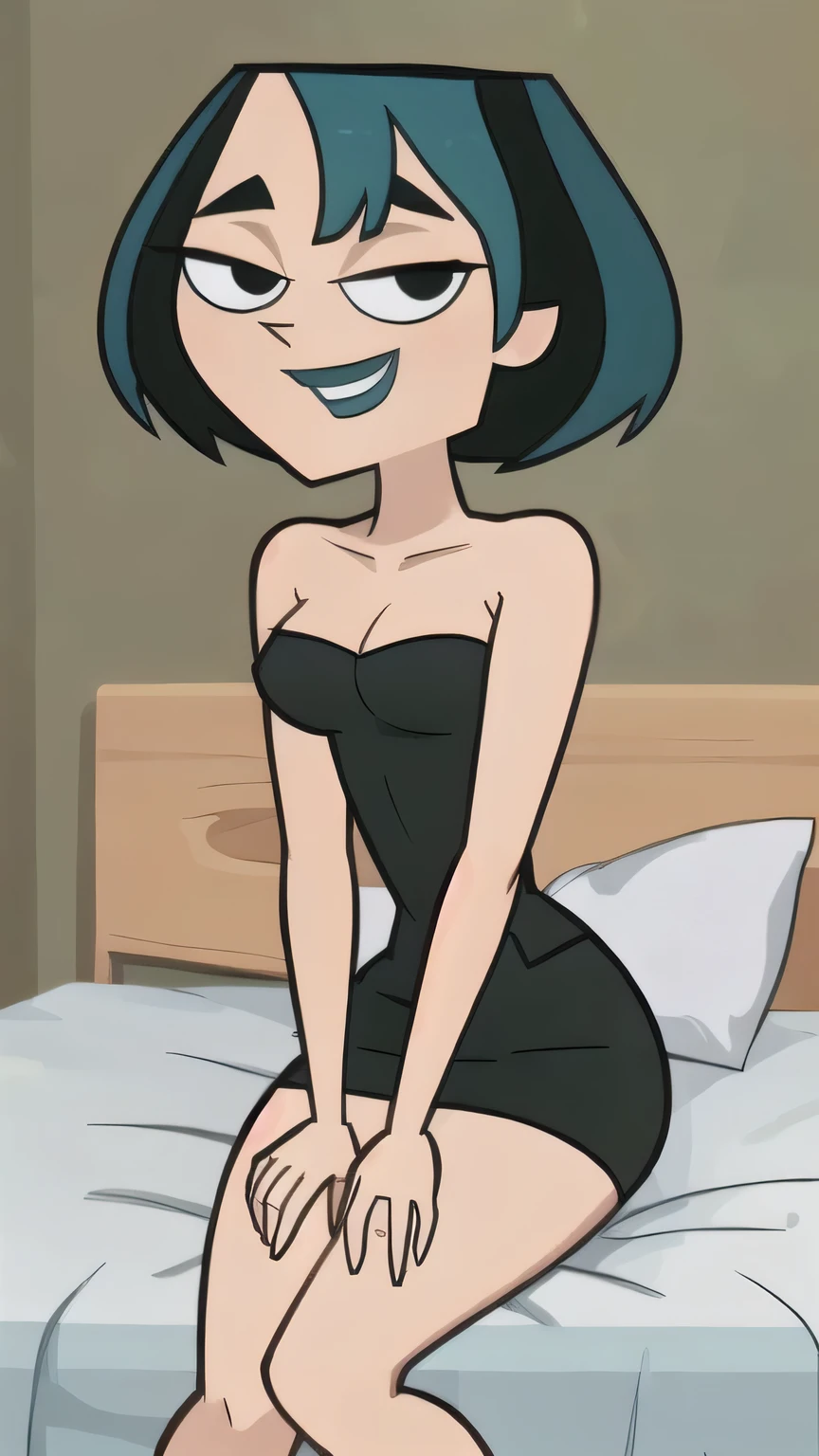 (8k, RAW photo, best quality, masterpiece:1.2), (intricate details), perfect eyes, perfect face, perfect lighting, beautiful, (masterpiece:1.2), (best quality:1.2), 1girl, cartoon style, gwentdi, solo, black eyes, black strapless tube dress, medium breast, smile, Sitting down on her bed, hands on her knees,