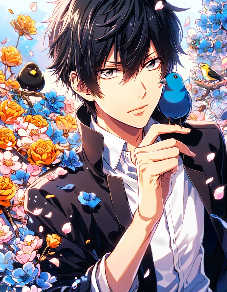 absurdres, highres, ultra detailed, HDR, masterpiece, Hibari Kyoya, black hair, expressive gray eyes, Katekyo Hitman Reborn!, black jacket, white shirt, designed with decorations such as blue leaves, blossoms and birds, 1man, handsome, petals