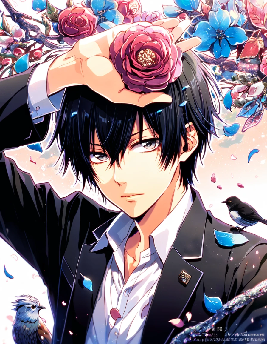 absurdres, highres, ultra detailed, HDR, masterpiece, Hibari Kyoya, black hair, expressive gray eyes, Katekyo Hitman Reborn!, black jacket, white shirt, designed with decorations such as blue leaves, blossoms and birds, 1man, handsome, petals