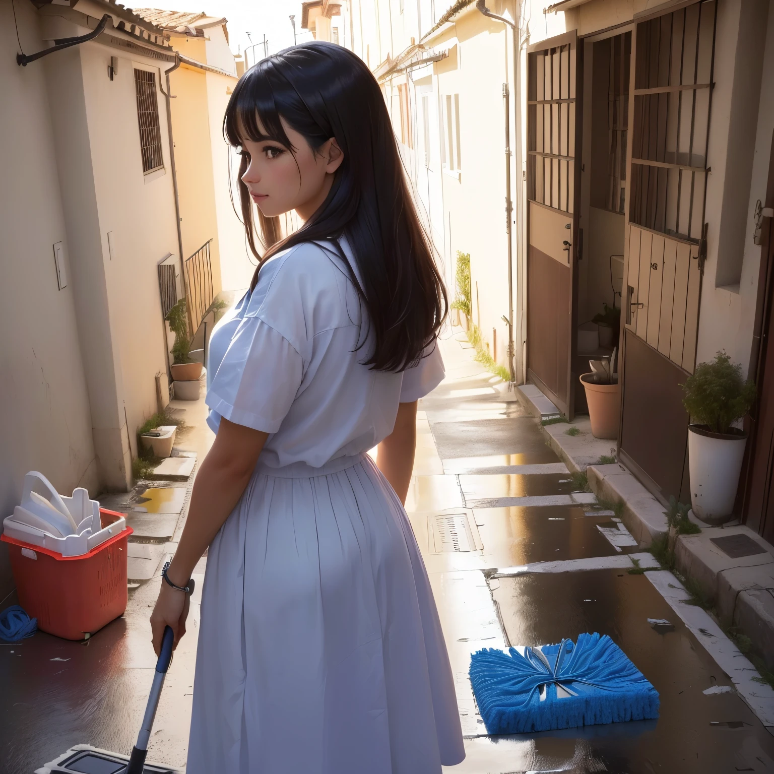 a woman sentado en el suelo with cleaning supplies and a mop, Futuro de la limpieza, Foto de perfil, 8 k Futuro de la limpieza, 8k Futuro de la limpieza, foto de perfil, foto profesional, imagen de perfil, limpio y aseado, Limpio y organizado, foto de perfilture, sentado en el suelo, with a bunch of stuff, limpio y vacio, Ambiente limpio, una persona parada frente a un