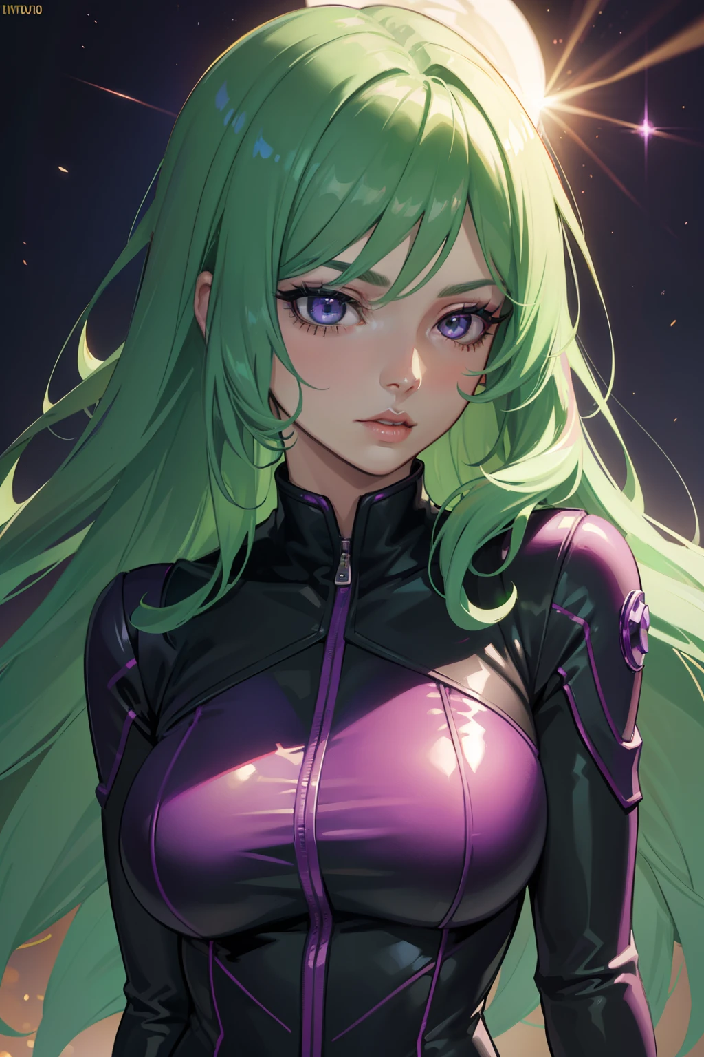 ((best quality,ultra-detailed,realistic)),HDR,UHD,studio lighting,1girl,professional,vivid colors,bokeh,portrait,green hair,light green hair,beautiful detailed purple eyes,very long hair,pale skin,curvaceous,concrete,shadow,dark atmosphere, black aviator outfit with purple led lights,pretty, delicate features, long lashes, big lips, beautiful, straight hair, long lashes, big lips, beautiful, straight hair, purple led lights, ((magic backgound)), magical suit, ((aviator suit)), (((detailed face))), (((detailed eyes)))