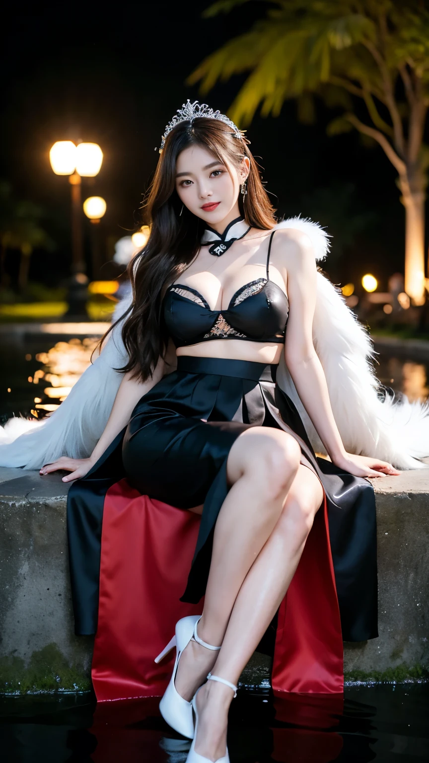 cheshire role play costume, role play, skirt, Chinese clothes, High Leg Raise, Fur Cape,Big Breasts, Hair accessories, White high heels, A very beautiful woman, Plump and slim woman, Correct limbs, Right hand, in the darkness, float的,water,float, ((躺在池塘里玩water)), night, 大乳房night view, moonlight, antique building, bamboo huts, plant, Soaked, wet hair, Pretty Face, masterpiece, original photo, best quality, detail, lifelike, Very detailed, official art, (Extremely beautiful face, Beautiful lips, Such beautiful big eyes), detail的脸, Full breasts, cleveage, Slender sexy legs, 腿漏water, Very beautiful legs, Sexy pose, grace, A bright smile, Show off your exquisite figure and graceful curves, Ray Tracing