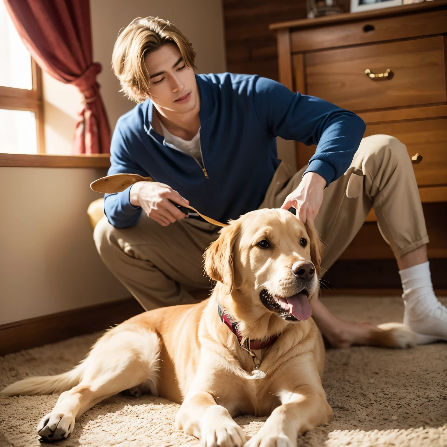 Super handsome guy playing with golden retriever