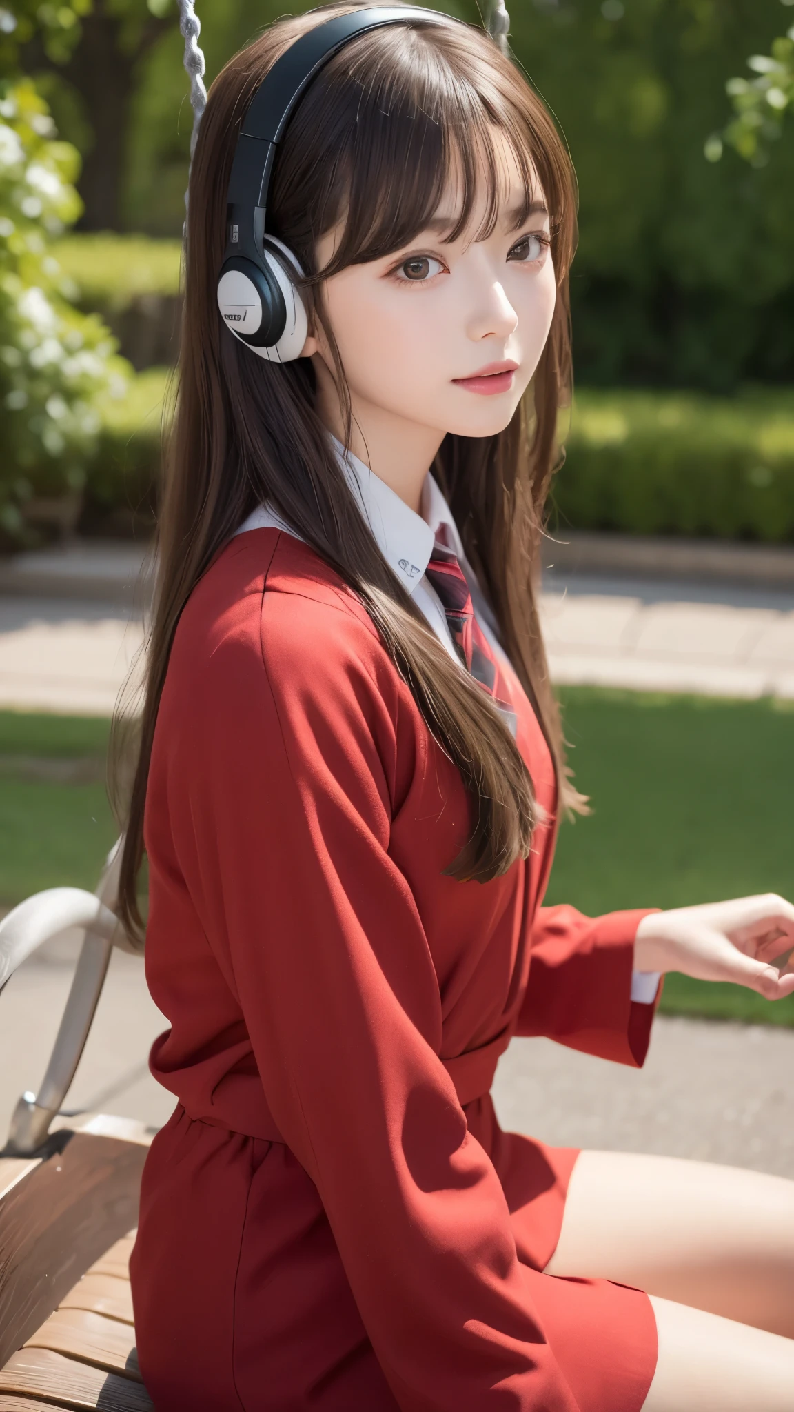 Dragon Ball Bloomers, futuristic scene, Mechanically enhanced Japanese high school girl、The elegance of elaborate gardens. She has beautiful delicate eyes and lips that complement her face. high school girl。.uniform。.。.。.。.。.。-yeld gi. Around her are bright チューリップ and a quiet carp pond. The scenes are drawn combining illustration and photorealism, Rose,Extremely detailed and sharp, Bright colors. Lighting that highlights the elegance of the uniform, Gives skin softness, Porcelain Shine。. The artwork is of the highest quality, Exquisite costume details on display, Rose, . The overall color scheme is、、、、、、、、、、、、、、、Traditional Japanese color combinations, crimson, wait., bus stop、Sitting on a swing、Headphones around the neck、Side view、Side view、whole body、Cute clothes、From afar、Open the center、Big eyes、Random Pause、whole body、