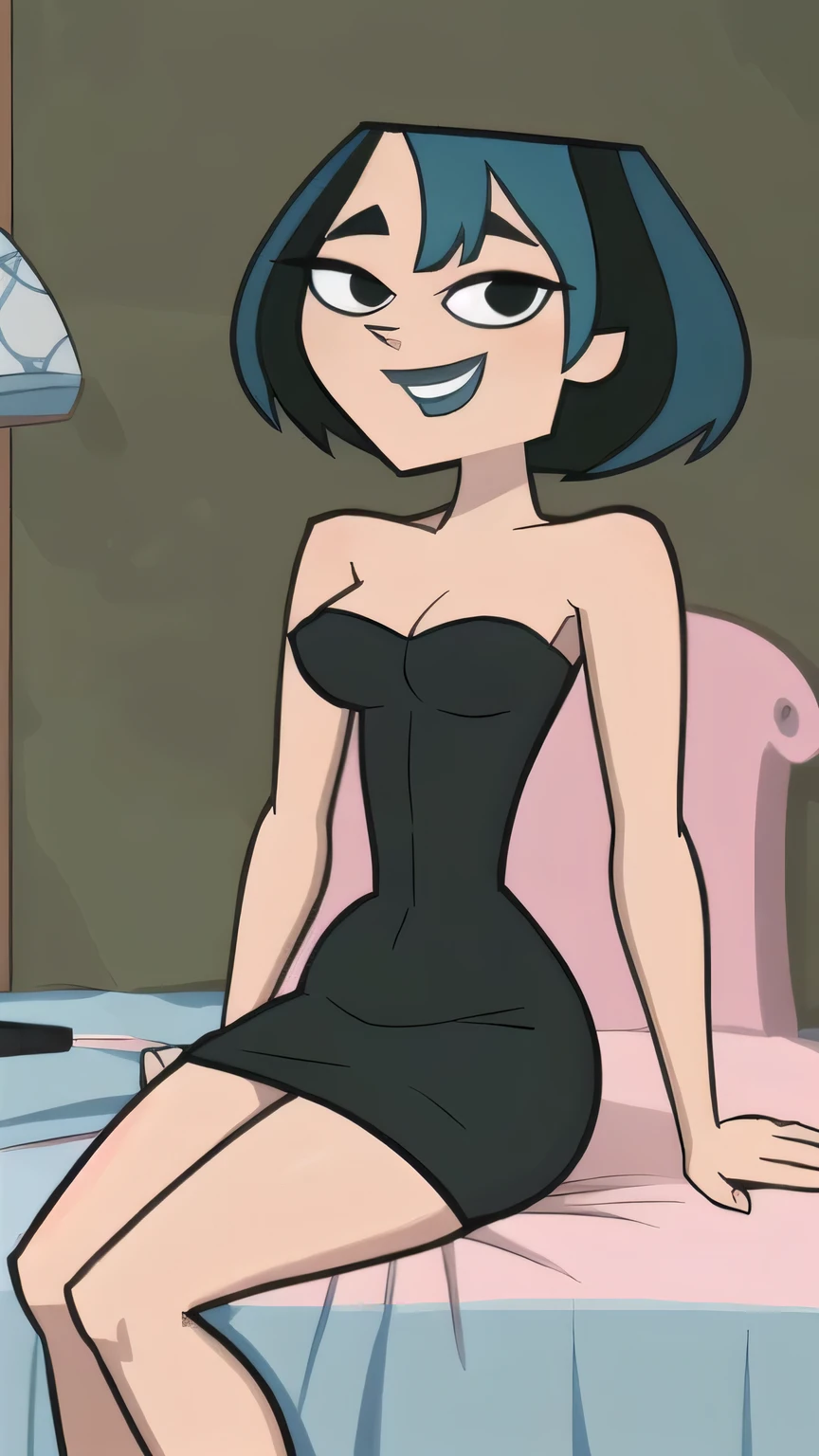 (8k, RAW photo, best quality, masterpiece:1.2), (intricate details), perfect eyes, perfect face, perfect lighting, beautiful, (masterpiece:1.2), (best quality:1.2), 1girl, cartoon style, gwentdi, solo, black eyes, black strapless tube dress, medium breast, smile, Sitting down on her bed, hands on her knees, high heels