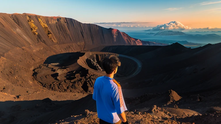 A hero standing in front of a volcanic landscape with a distant dragon's nest in the background.