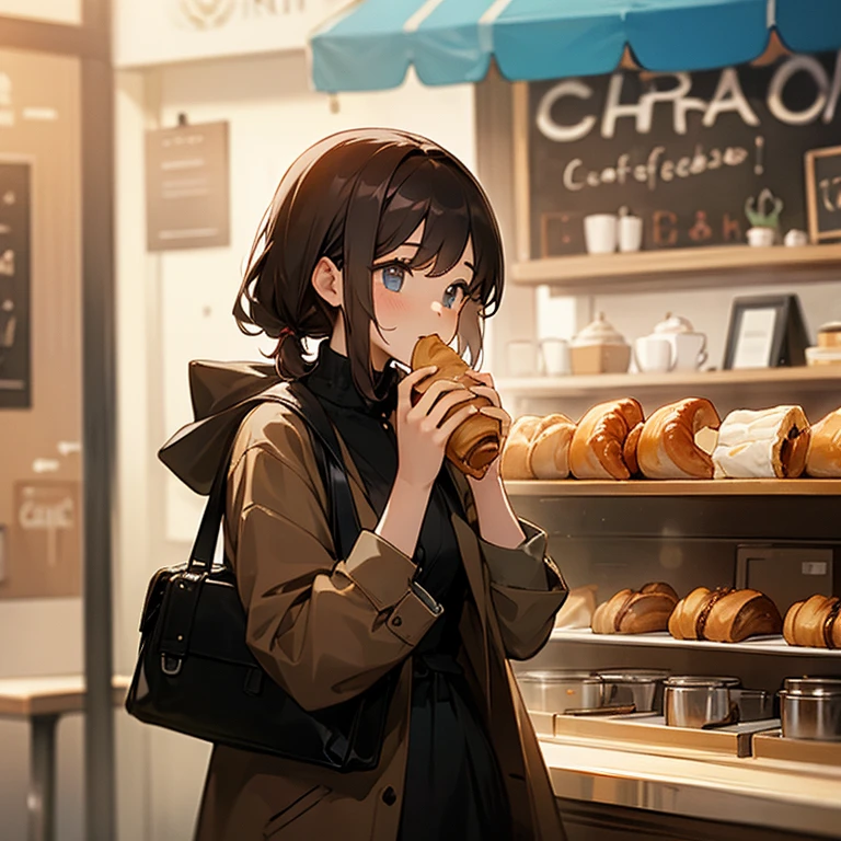 A girl eating croissant with a coffee in a cafe