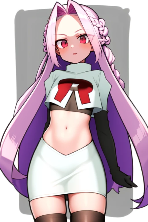 masterpiece, (best quality:1.3), sharp focus, absurdres, ++ 1girl, solo, fantasy, light purple hair, very long hair, curly hair, french braid, single sidelock, forehead, red eyes, pink eyes, multicolored eyes, , flat chest, , dollgirl, doll joints, ++ pov, looking at viewer, team rocket,team rocket uniform,white skirt,red letter R,crop top,black thigh-highs,black elbow gloves
