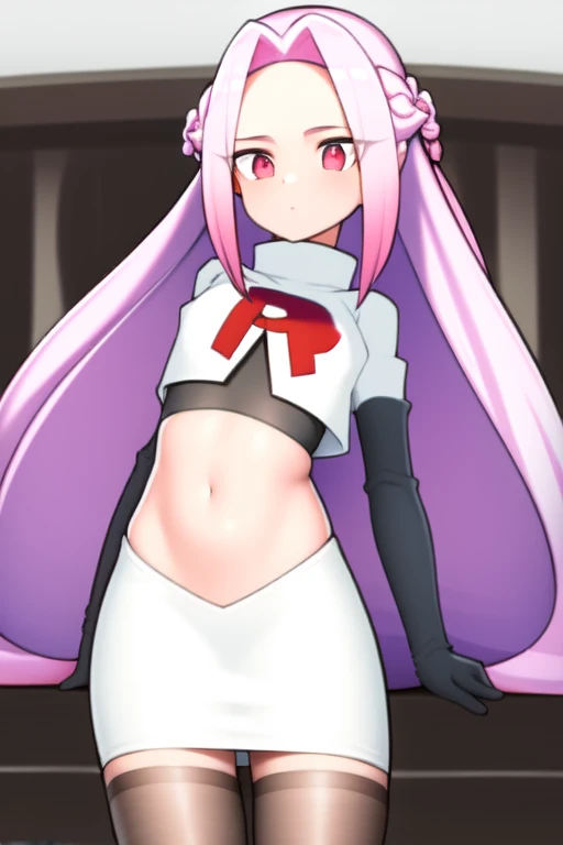 masterpiece, (best quality:1.3), sharp focus, absurdres, ++ 1girl, solo, fantasy, light purple hair, very long hair, curly hair, french braid, single sidelock, forehead, red eyes, pink eyes, multicolored eyes, , flat chest, , dollgirl, doll joints, ++ pov, looking at viewer, team rocket,team rocket uniform,white skirt,red letter R,crop top,black thigh-highs,black elbow gloves