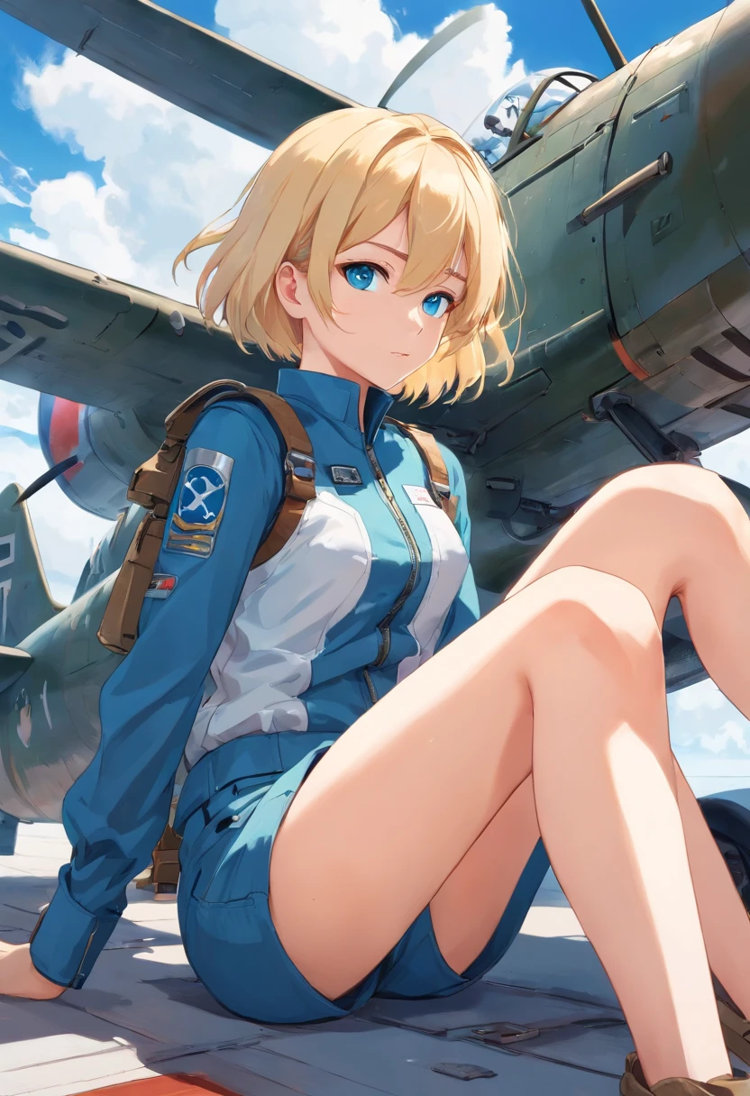 17 years old Women, ((Blonde)), ((Blue eyes)), ((Short hair)), ((Full Body)), resting under a Focke wulf FW-190 in a waist-length flight suit and a sleeveless white shirt, his face smeared with black grease, and he has work gloves on his hands, large shot