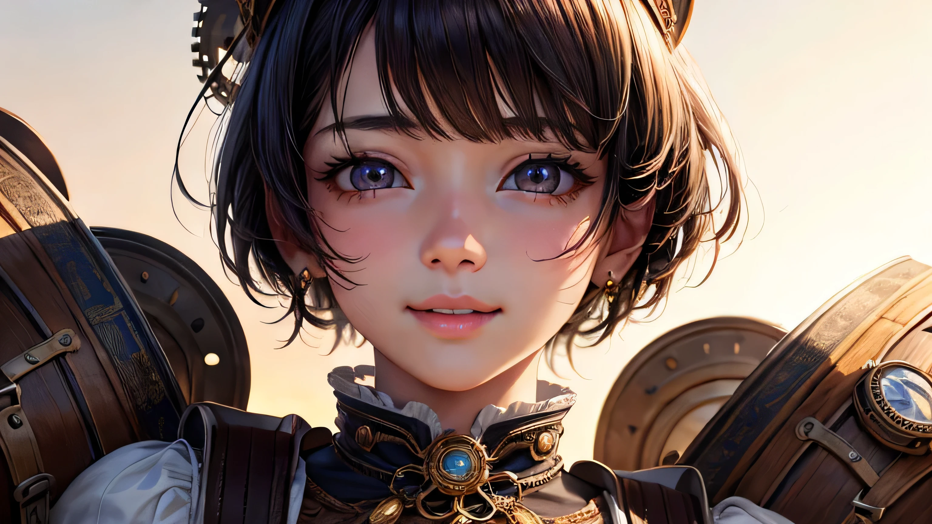 highest quality、masterpiece、Ultra-high resolution、(Realistic:1.4)、1 girl、14 years old、The ultimate beautiful girl、so beautiful, Shiny, Light、Super Short Hair、Bangs that cover the eyes、片Bangs that cover the eyes、Very large bright eyes、Eye highLights、charm、Looking at the camera、very white and bright skin、Small Face Beauty、Round face、A big smile、look up、Cheek gloss highLight、steampunk outfit、Steampunk background、Gear elements、