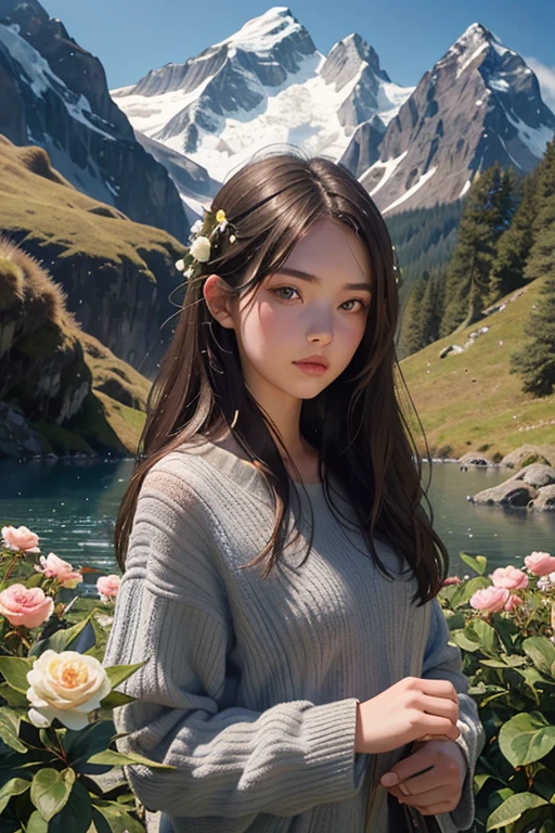 18-year-old beautiful girl，Square face joke，brunette color hair，cold light，closeup of face，mountain peaks，ln the forest，Hand pull flowers，small stream，grassy fields ，Stand next to the camellia，Hand pick a flower，A high resolution