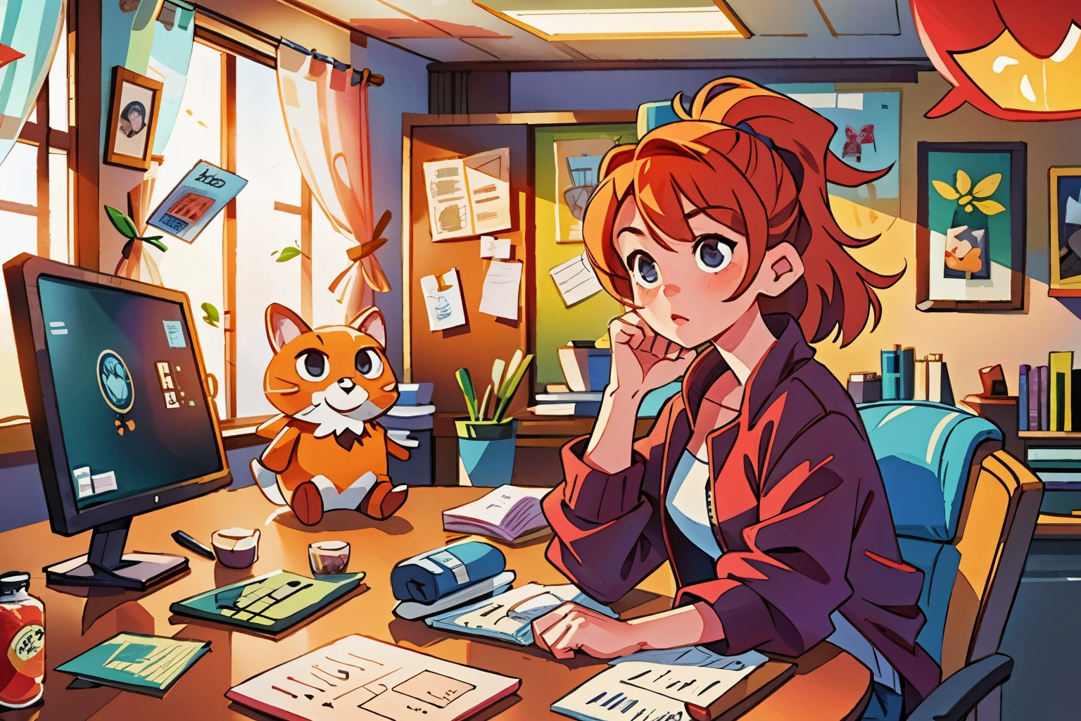woman sitting at desk, customer service, consulting, hold up your laptop, Working in the office, sitting at a computer desk, Sit in front of the keyboard, sitting in front of a computer, sitting in front of a computer, sitting in front of a computer, Sitting at a desk, Sitting at a desk, Portrait Photography, Young businessman, Shot with Canon EOA 6D Mark II、Orange Hair