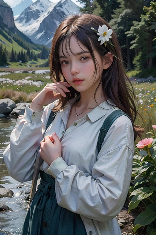 18-year-old beautiful girl，Square face joke，brunette color hair，cold light，closeup of face，mountain peaks，ln the forest，Hand pull flowers，small stream，grassy fields ，Stand next to the camellia，Hand pick a flower，A high resolution