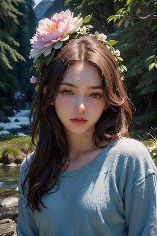 18-year-old beautiful girl，Square face joke，brunette color hair，cold light，closeup of face，mountain peaks，ln the forest，Hand pull flowers，small stream，grassy fields ，Stand next to the camellia，Hand pick a flower，A high resolution