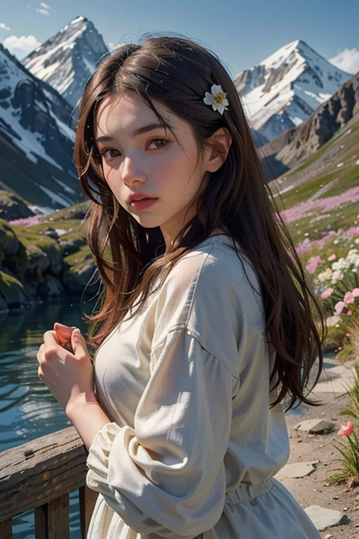 18-year-old beautiful girl,Square face joke,brunette color hair,cold light,closeup of face,mountain peaks,ln the forest,Hand pull flowers,small stream,grassy fields ,Stand next to the camellia,Hand pick a flower,A high resolution
