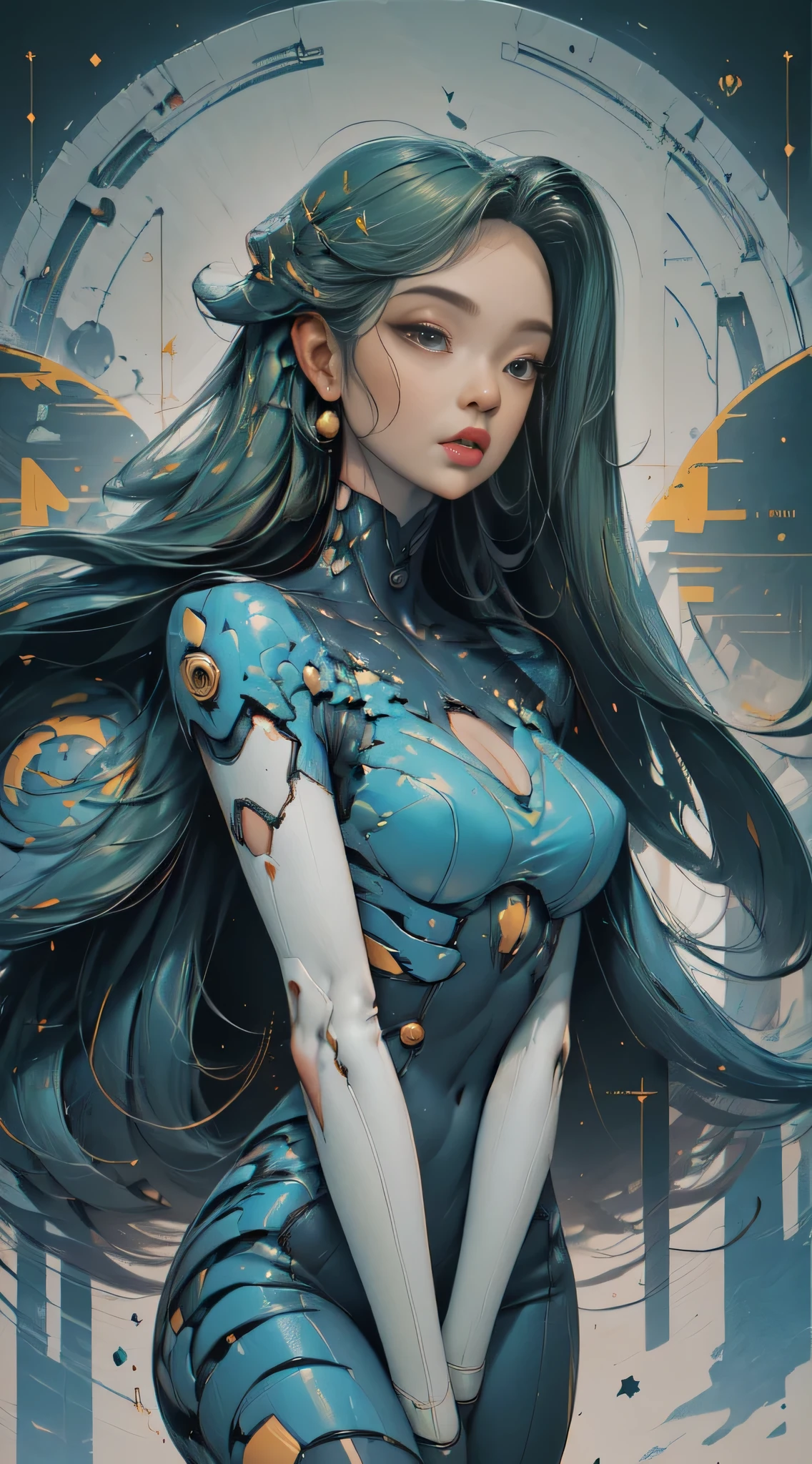 (best quality,32K,HD,4x ultra-sharp,high-res,professional),cinematic,fisheye photo,1 beautiful girl in technical clothing,mechanical spider,circles,fractals,(black contour art) by Yoshitaka Amano,Travis Charest. colores, tierra, cian, amarillo, verde.