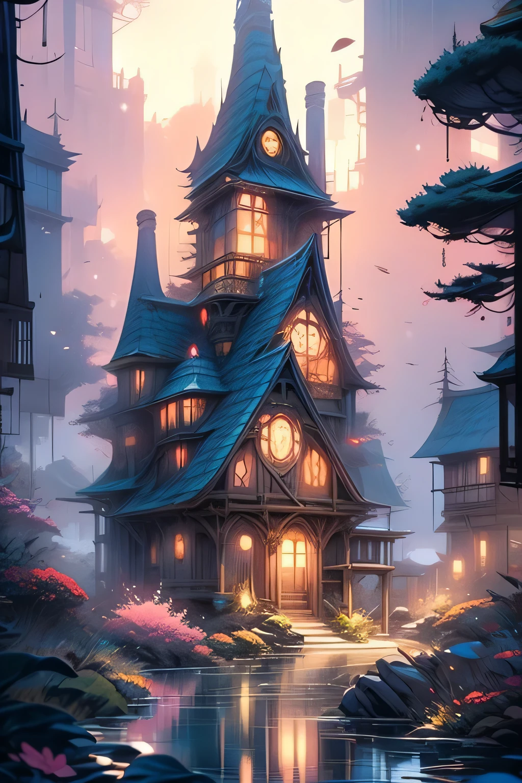 color (Fantasy: 1.2), (Hayao Miyazaki style), (Irregular Building Floating in the Sea), Patchwork Cottage, Floral decoration, Light, Concept art inspired by Andreas Rocha, Artstation Contest Winner, Fantasy art, (an underwater city), Ross Tran, light shaft, Realistic lighting, masterpiece, high quality, Beautiful graphics, Attention to detail, masterpiece, high quality, Beautiful graphics, Attention to detail, 